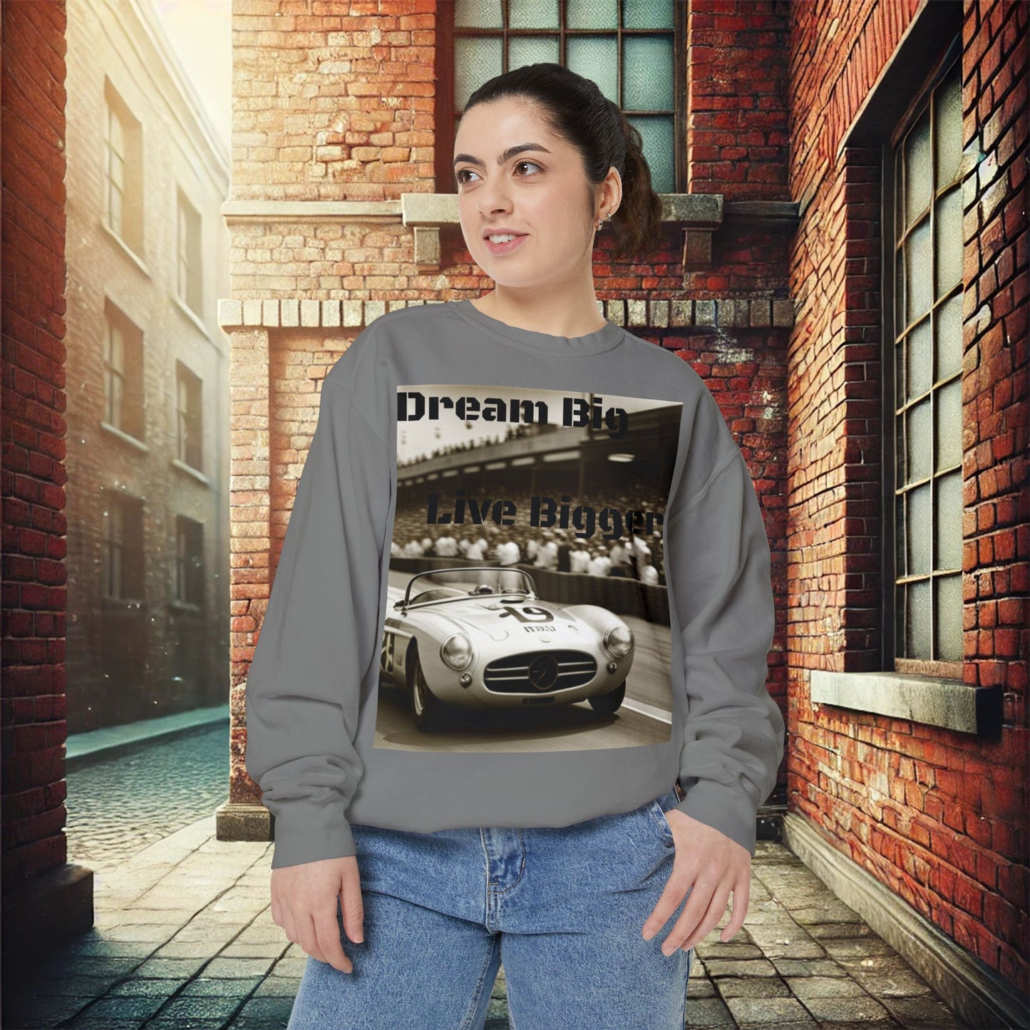 "Dream Big, Live Bigger" Vintage Racing Unisex Garment-Dyed Sweatshirt – Premium Comfort & Style