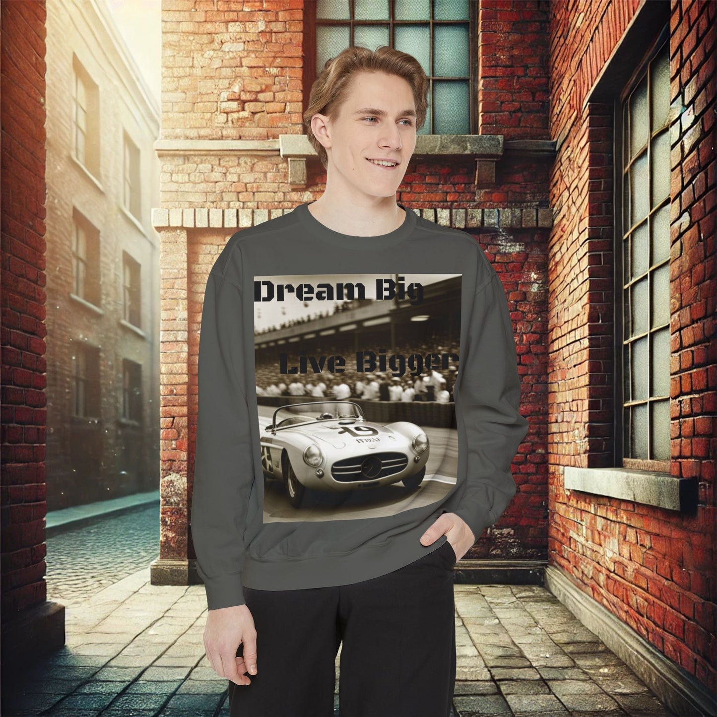 "Dream Big, Live Bigger" Vintage Racing Unisex Garment-Dyed Sweatshirt – Premium Comfort & Style