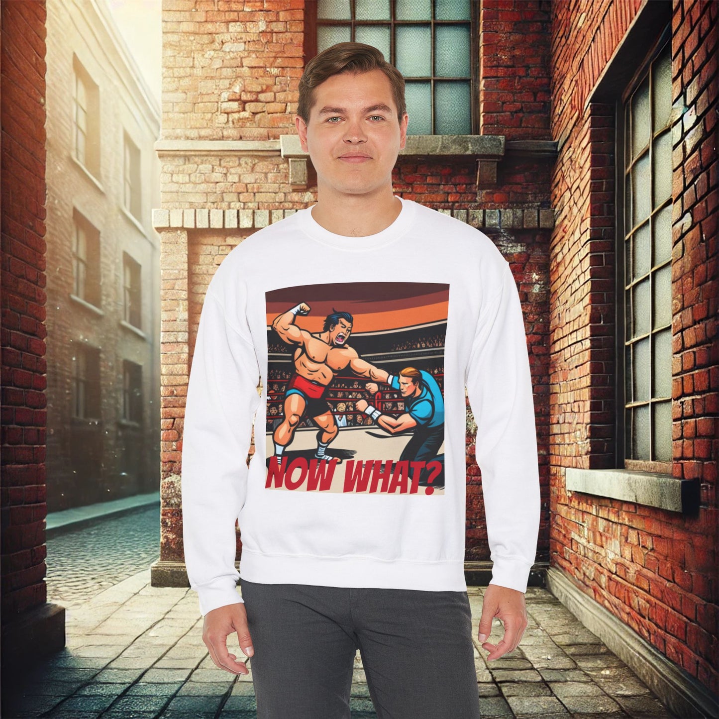 "Now What?" Wrestling Champion Unisex Heavy Blend Crewneck Sweatshirt – Cozy Comfort for Colder Months